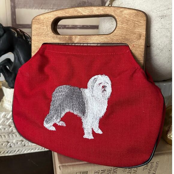 Vintage wool purse Old English Sheepdog red wood handles preppy embroidered - Picture 2 of 14